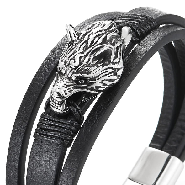 Men Steel Vintage Wolf Head Three-Strand Black Braided Leather Bangle Wristband Bracelet - COOLSTEELANDBEYOND Jewelry
