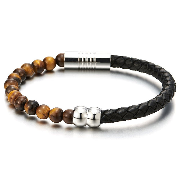Men Women Bracelet Black Braided Leather and Tiger Eye Stone Leather Beads Bangle Bracelet Wristband - COOLSTEELANDBEYOND Jewelry