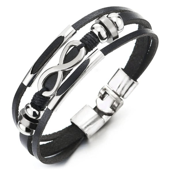 Men Women Infinity Love Number 8 Black Leather Bracelet Three-Row Leather Wristband Bead Tunnel Charm