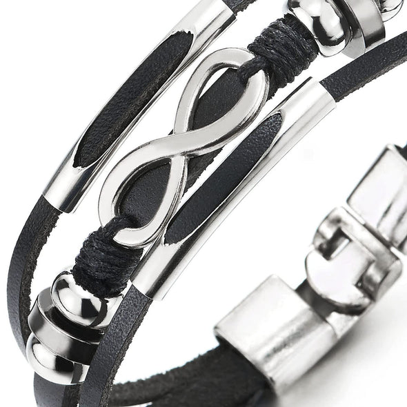 Men Women Infinity Love Number 8 Black Leather Bracelet Three-Row Leather Wristband Bead Tunnel Charm