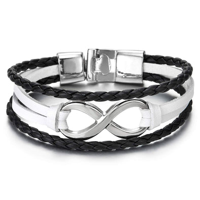 Men Women Infinity Love Number 8 White Black Braided Leather Bracelet, Three-Row Leather Wristband - COOLSTEELANDBEYOND Jewelry