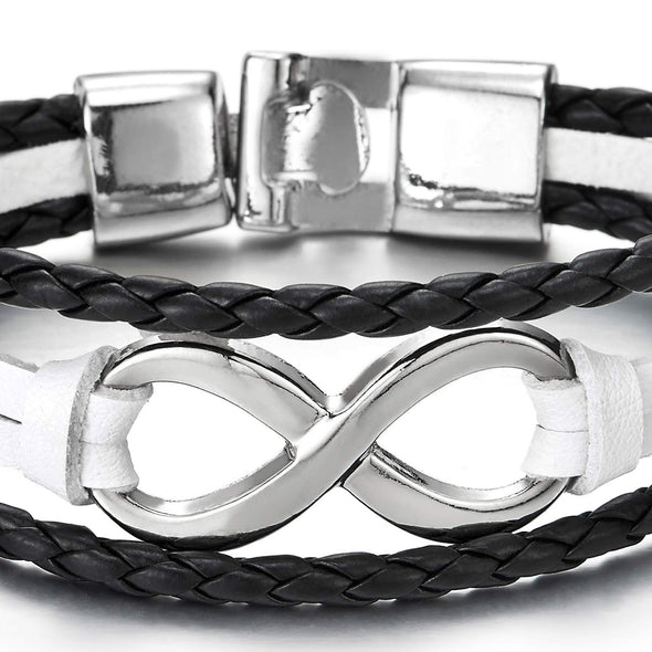 Men Women Infinity Love Number 8 White Black Braided Leather Bracelet, Three-Row Leather Wristband - COOLSTEELANDBEYOND Jewelry