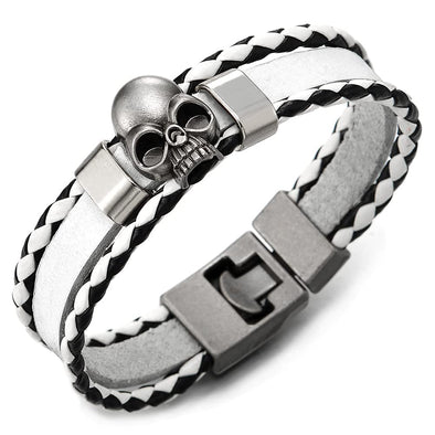 Men Women Skull Charm Three-Strand White Black Braided Leather Bracelet Wristband Wrap Bracelet - COOLSTEELANDBEYOND Jewelry
