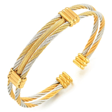 Men Women Stainless Steel Adjustable Cuff Bangle Bracelet Silver Gold Two Tone - COOLSTEELANDBEYOND Jewelry