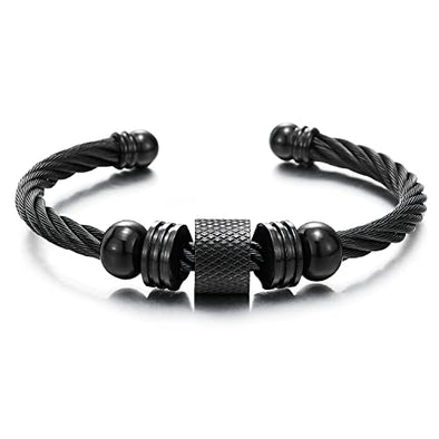 Men Women Steel Black Cuff Bangle Bracelet with Bead Charms, Polished, Adjustable - COOLSTEELANDBEYOND Jewelry
