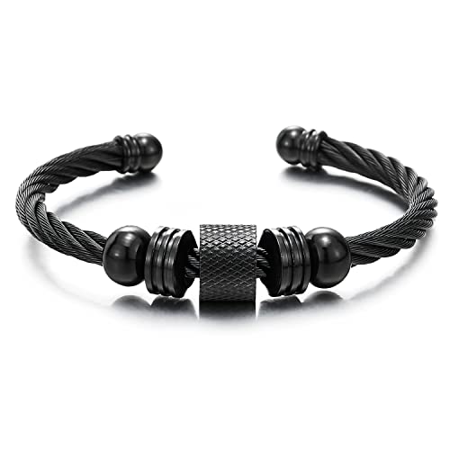 Men Women Steel Black Cuff Bangle Bracelet with Bead Charms, Polished, Adjustable