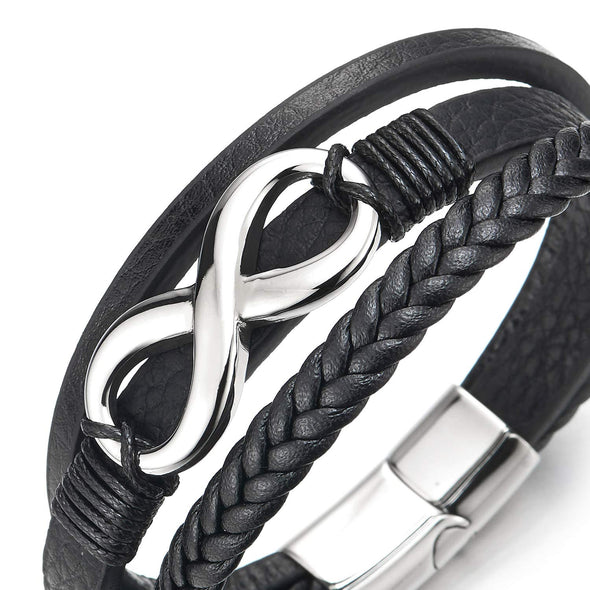 Men Women Steel Infinity Love Number 8 Friendship Three-Strand Black Braided Leather Bangle Bracelet - COOLSTEELANDBEYOND Jewelry