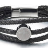 Men Women Three-Strand Black Braided Leather Bangle Bracelet Steel Cross Circle Charm Magnetic Clasp - coolsteelandbeyond