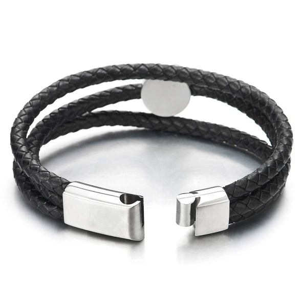 Men Women Three-Strand Black Braided Leather Bangle Bracelet Steel Cross Circle Charm Magnetic Clasp - coolsteelandbeyond