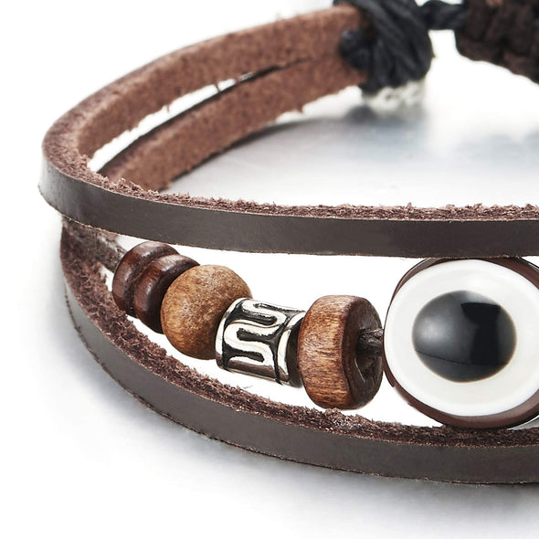 Men Women Tribal Evil Eye Beads Wood Beads Charms Brown Leather Cotton Rope Wrap Bracelet Wristband - coolsteelandbeyond