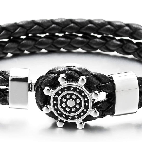 Men Women Two-Row Black Braided Leather Bangle Bracelet Steel Hook Dotted Marine Steering Wheel