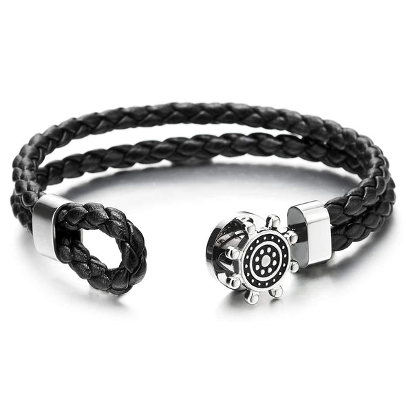 Men Women Two-Row Black Braided Leather Bangle Bracelet Steel Hook Dotted Marine Steering Wheel