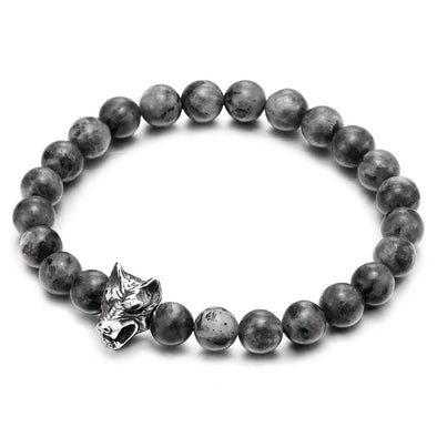 Mens 8MM Black Gem Stones Bracelet with Stainless Steel Wolf Head Charm, Stretchable - COOLSTEELANDBEYOND Jewelry