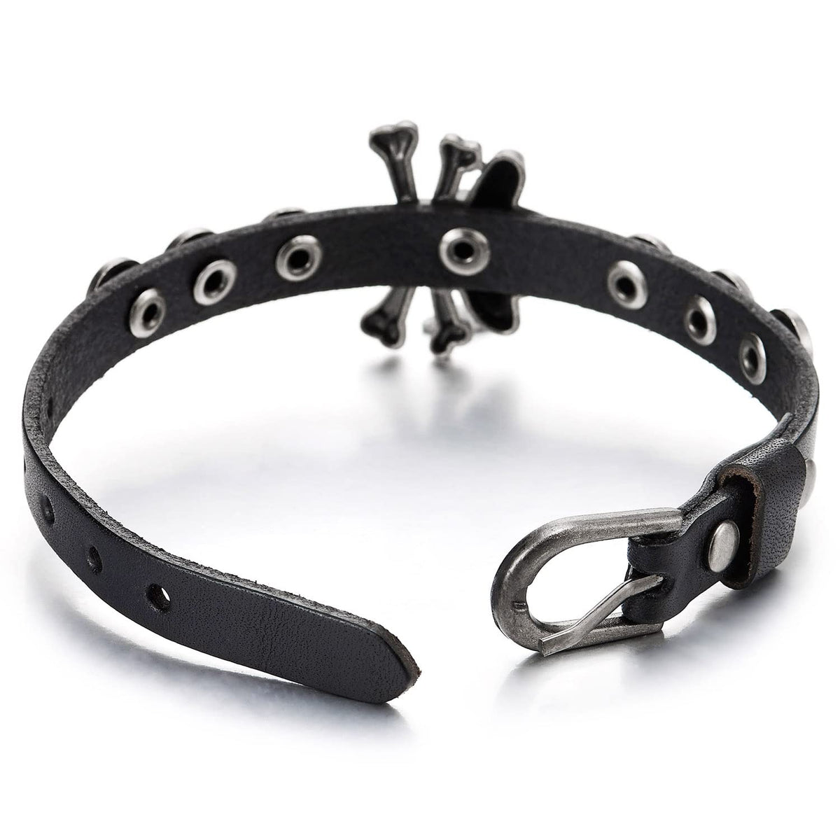 Mens Aged Silver Cowboy Pirate Skull Black Leather Bracelet Bangle ...