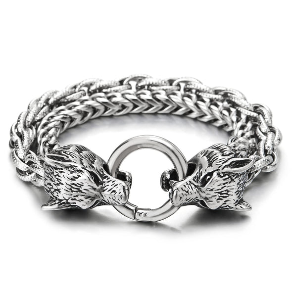 Mens Biker Steel Double Wolf Heads Curb Chain Braided Rope Chain Bracelet with Spring Ring Clasp - COOLSTEELANDBEYOND Jewelry