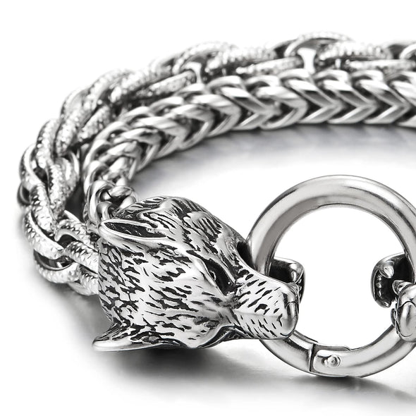 Mens Biker Steel Double Wolf Heads Curb Chain Braided Rope Chain Bracelet with Spring Ring Clasp - COOLSTEELANDBEYOND Jewelry