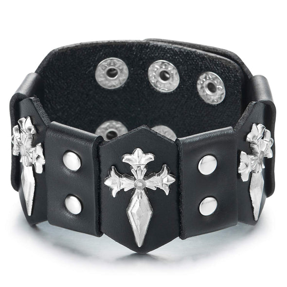 Mens Black Leather Bracelet Wrap Wristband Bangle with Rivet Accents and Spiked Cross - coolsteelandbeyond