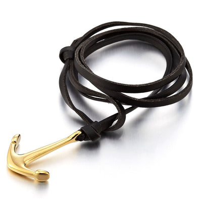 Mens Boys Steel Gold Marine Anchor Multi-strand Wrap Bracelet Wristband with Black Leather Straps - COOLSTEELANDBEYOND Jewelry