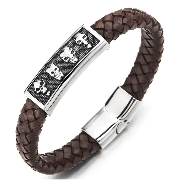 Mens Brown Braided Leather ID Identification Bracelet Wristband Bangle Steel Skull Checker Pattern - coolsteelandbeyond