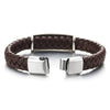 Mens Brown Braided Leather ID Identification Bracelet Wristband Bangle Steel Skull Checker Pattern - coolsteelandbeyond