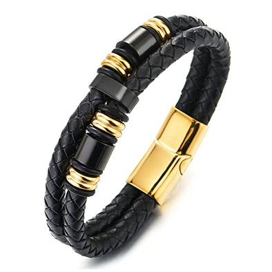 Mens Double-Row Black Braided Leather Bracelet Bangle Wristband, Black Gold Color Steel Ornaments - COOLSTEELANDBEYOND Jewelry