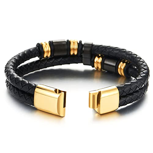 Mens Double-Row Black Braided Leather Bracelet Bangle Wristband, Black Gold Color Steel Ornaments - COOLSTEELANDBEYOND Jewelry