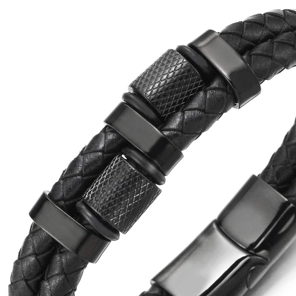 Mens Double-Row Black Braided Leather Bracelet Bangle Wristband Black Steel Grid Checker Ornaments - coolsteelandbeyond