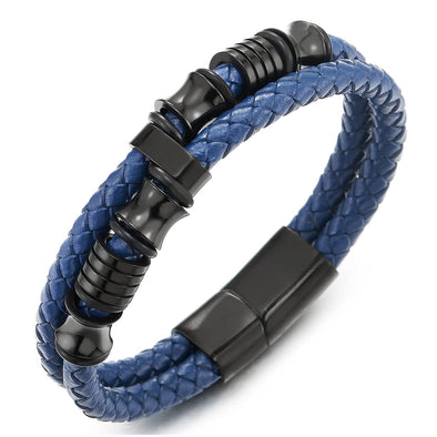 Mens Double-Row Blue Braided Leather Bracelet Bangle Wristband with Black Stainless Steel Ornaments - COOLSTEELANDBEYOND Jewelry