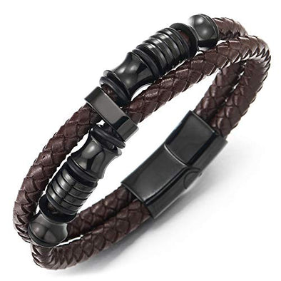 COOLSTEELANDBEYOND Stainless Steel Skull Bracelet - Black Braided Leather Multi-Strand Wrap Bangle For Men & Women