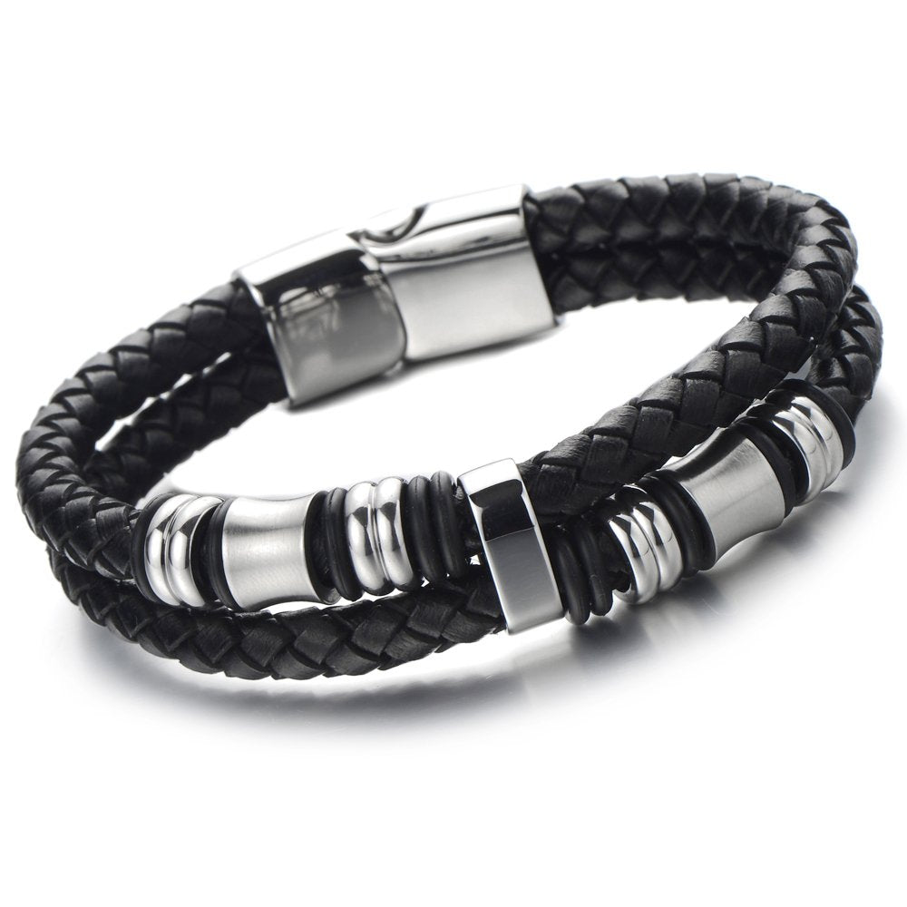 COOLSTEELANDBEYOND Men Womens Two-Row Black Rope Wristband Bracelet with  Steel Whale Dolphin Tail Hook Clasp