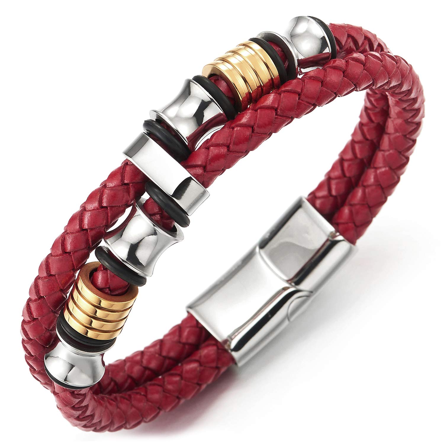 Bracelet Steel 3 rings closing and Red leather - Luxury Bracelets