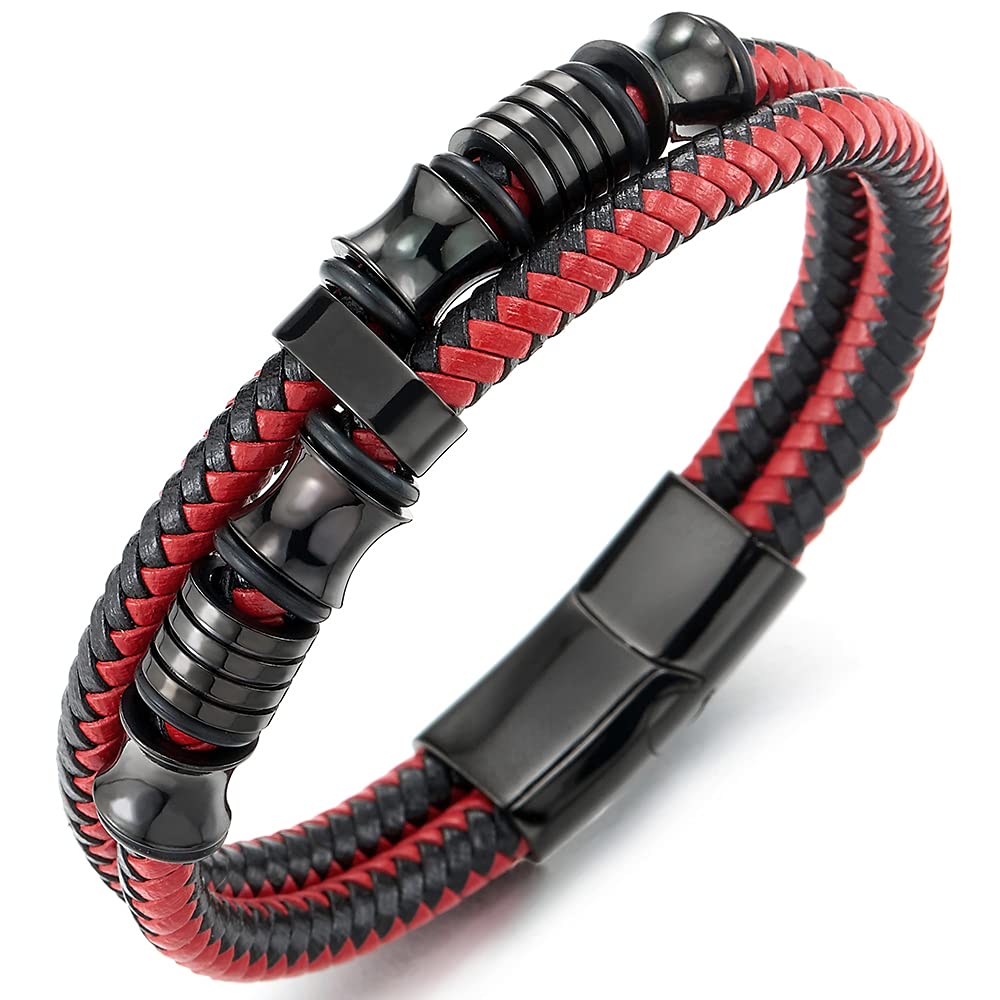 Bracelet Steel 3 rings closing and Red leather - Luxury Bracelets