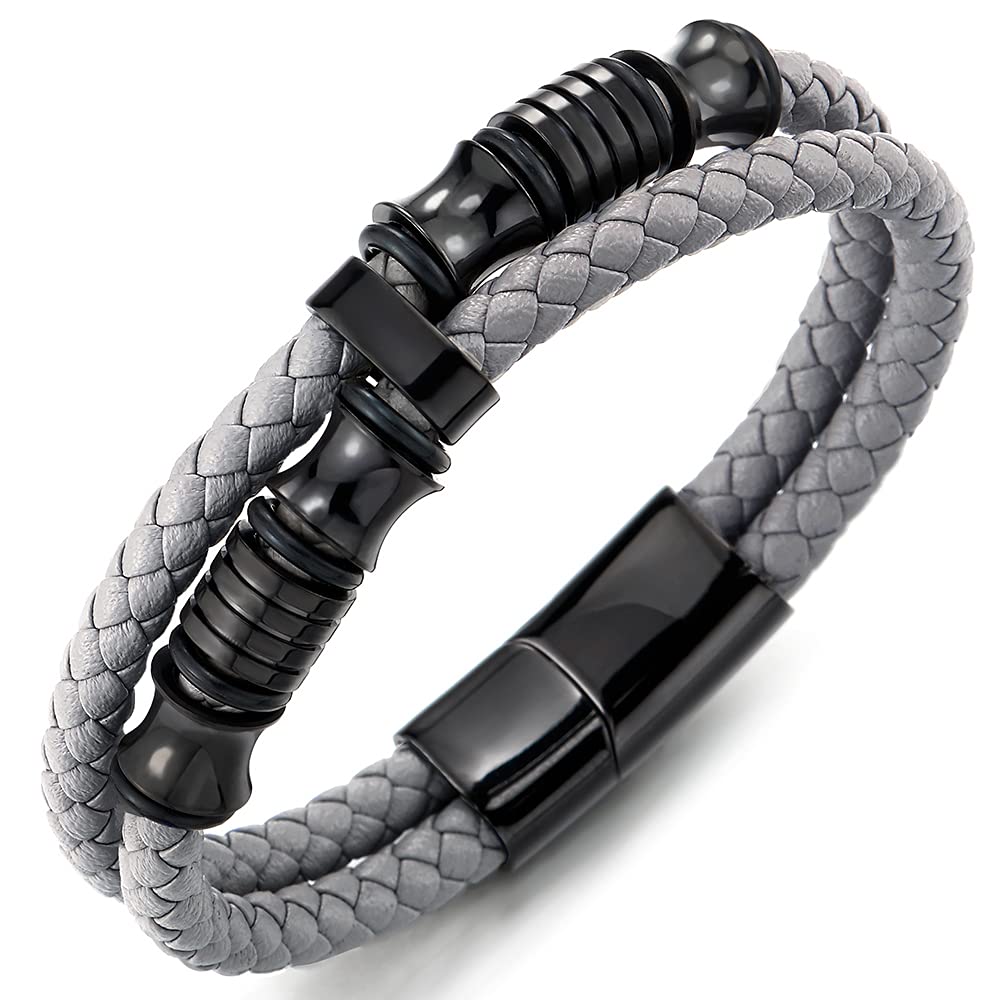 Black Bracelet Men's Braided Leather Bangle Stainless Steel