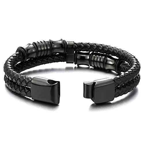 COOLSTEELANDBEYOND Mens Double-Row Braided Leather Bracelet Bangle  Wristband with Stainless Steel Ornaments