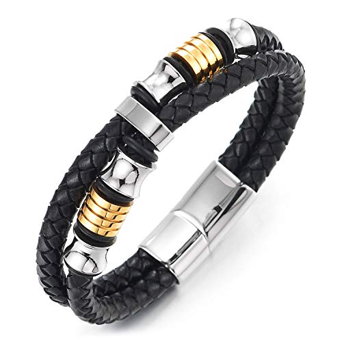 Trendy Double Layer Leather Hand Bracelet for Men Fashion Stainless Steel  Women Bangles Couples Jewelry Best Friend Gift SP1240