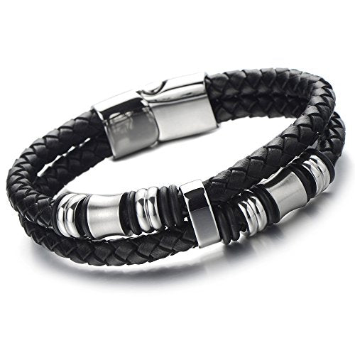 Buy Speroto Mens Leather and Steel Bracelets, Chain Bracelets with Magnetic  Clasp,Braided Bracelets for Men (Black, 7.5) at