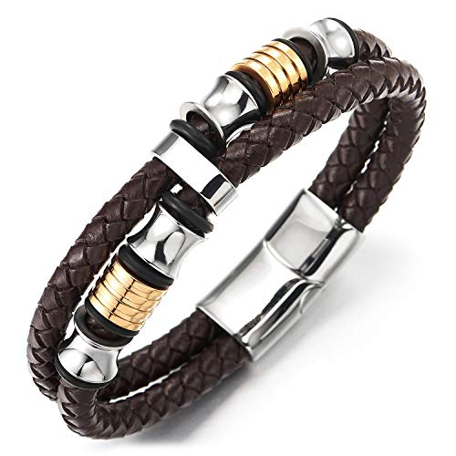 COOLSTEELANDBEYOND Mens Women Three-Strand Black Braided Leather Bracelet Bangle Wristband, Steel Black Gold Ornaments