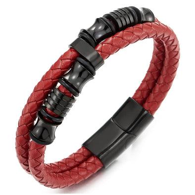 Mens Double-Row Red Braided Leather Bracelet Bangle Wristband with Black Stainless Steel Ornaments - COOLSTEELANDBEYOND Jewelry
