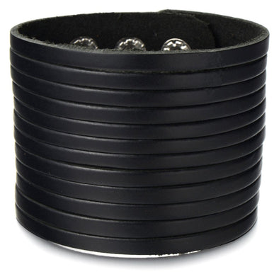 Mens Extra Wide Black Leather Bracelet Multi-row Wristband Bangle Bracelet with Snap Button - COOLSTEELANDBEYOND Jewelry
