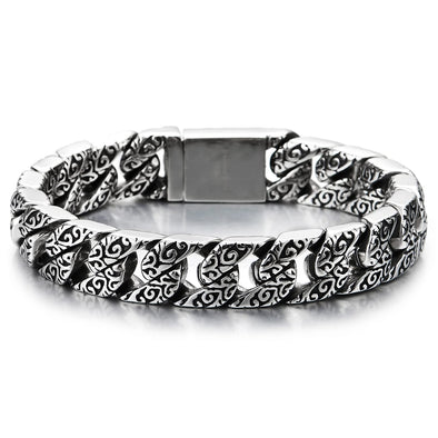 Mens Fancy Vintage Stainless Steel Tribal Tattoo Pattern Curb Chain Bracelet with Spring Box Clasp - COOLSTEELANDBEYOND Jewelry
