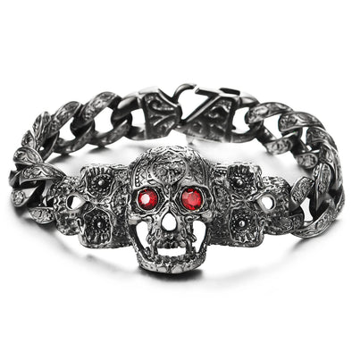 Mens Grey Black Steel Fancy Curb Chain Bracelet with Sugar Skulls Charm Red Cubic Zirconia Eyes - COOLSTEELANDBEYOND Jewelry