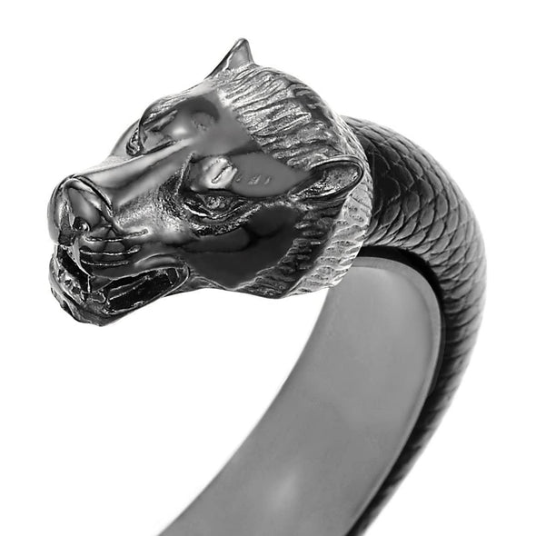 Mens Grey Black Steel Wolf Head Open Cuff Bangle Bracelet with Black Leather, Elastic Adjustable - COOLSTEELANDBEYOND Jewelry
