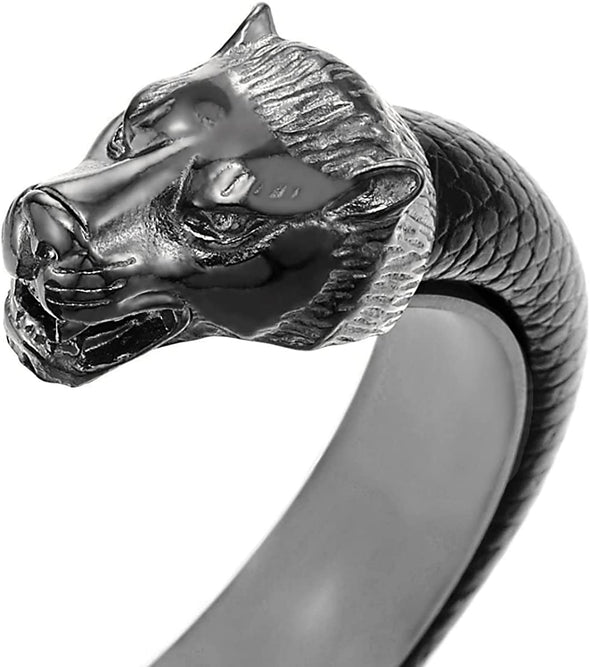 Mens Grey Black Steel Wolf Head Open Cuff Bangle Bracelet with Black Leather, Elastic Adjustable - COOLSTEELANDBEYOND Jewelry