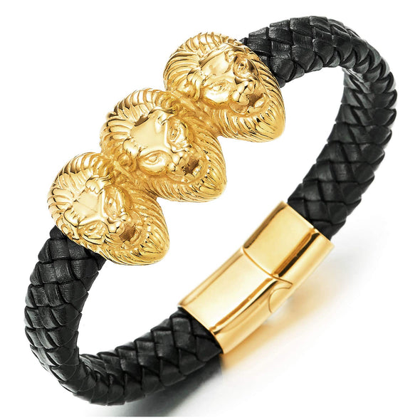 Mens Large Braided Leather Bracelet with Steel Gold Color Three Lion Heads and Black Leather Straps