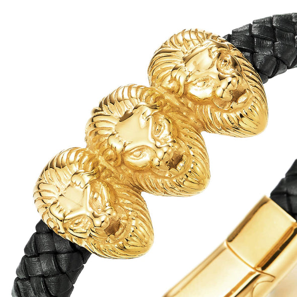 Mens Large Braided Leather Bracelet with Steel Gold Color Three Lion Heads and Black Leather Straps