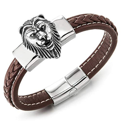 Mens Large Brown Braided Leather Straps Bangle Bracelet with Stainless Steel Vintage Lion Head - COOLSTEELANDBEYOND Jewelry