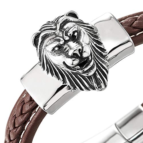 Mens Large Brown Braided Leather Straps Bangle Bracelet with Stainless Steel Vintage Lion Head - COOLSTEELANDBEYOND Jewelry