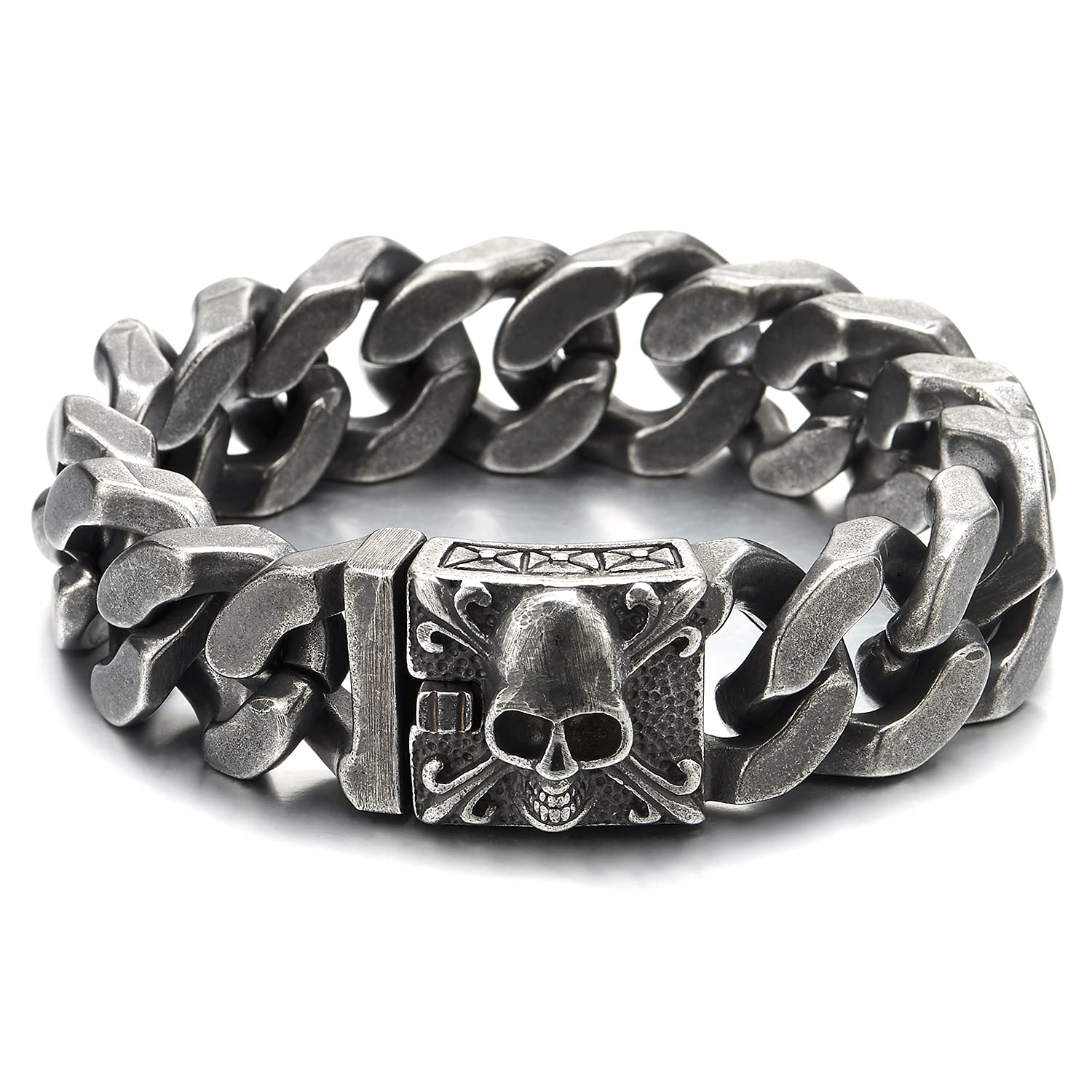 thumbnail image 2 of Polished Stainless Steel Skull Curb Link Chain Bracelet For Men - Biker Style Bangle, Silver, No Stone, Comes With Gift Pouch 2 of 6
