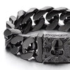 COOLSTEELANDBEYOND Mens Large Stainless Steel Curb Chain Bracelet with Fleur De Lis and Skull, Biker Gothic, Polished - coolsteelandbeyond