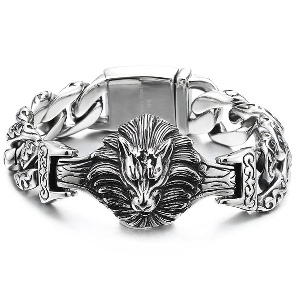 Mens Large Steel King Lion Head Tribal Tattoo Pattern Fancy Curb Chain Bracelet, Biker - COOLSTEELANDBEYOND Jewelry